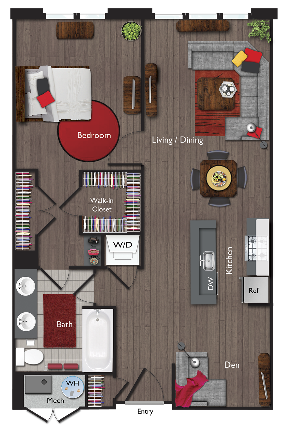 Floor plan for 1 bed, 1 bath, 885 sqft